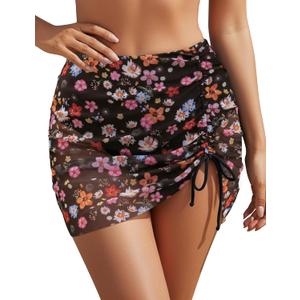 Blooming Jelly High Waisted Swim Skirt Tummy Control Swim Bottoms Mesh Ruched Drawsting Bathing Suit (Black, M)