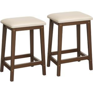 HOOBRO Bar Stools, Set of 2 Bar Chairs, Counter Height Bar Stools, PU Upholstered Kitchen Stools, 24 Inch Bamboo Saddle Stools with Footrests, for Kitchen, Dining Room, Bar, Beige and Brown CE04MD01