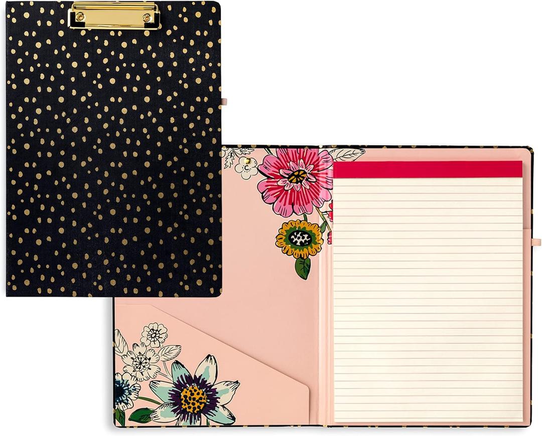 Clipboard Folio with Refillable Lined Notepad, Black Padfolio with Interior Pocket and Pen Loop, Midnight Gold Dots