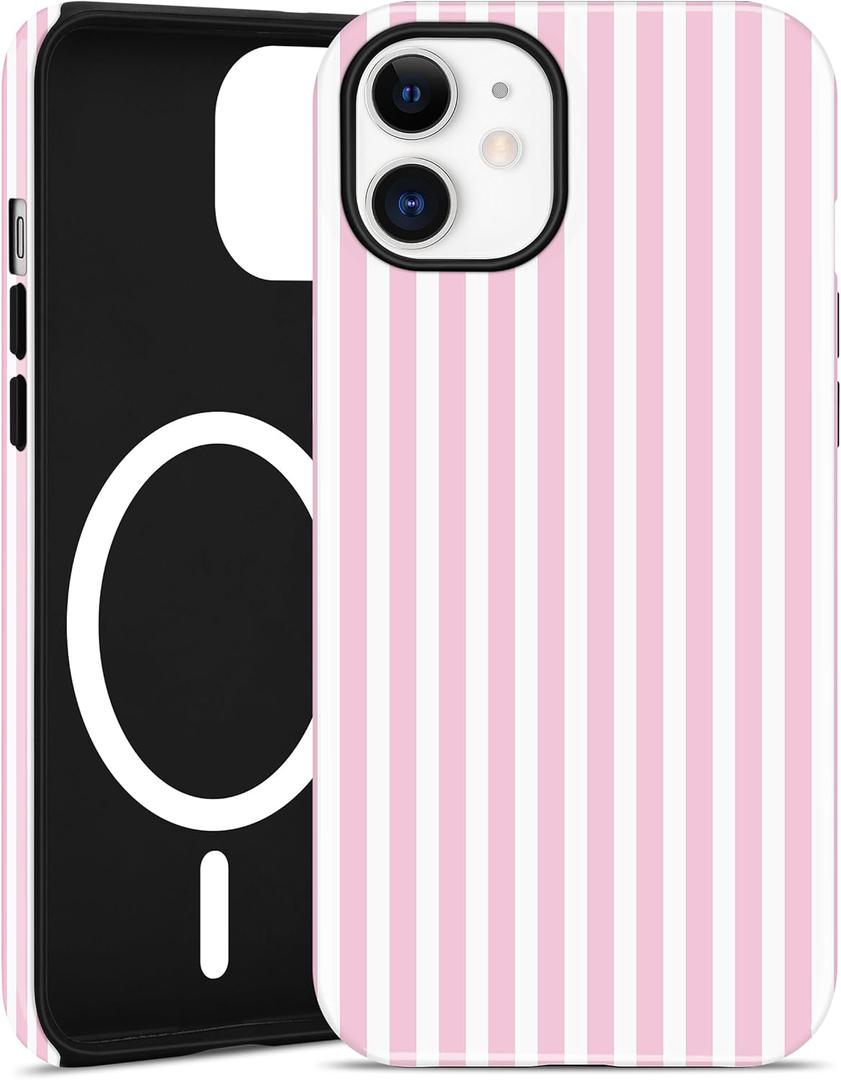 Jusy Compatible with MagSafe Striped Phone Case for iPhone 12/12 Pro, Cute Aesthetic Magnetic Soft TPU and Hard PC Protective Phone Cover for Women Girls (Matte) - Pink