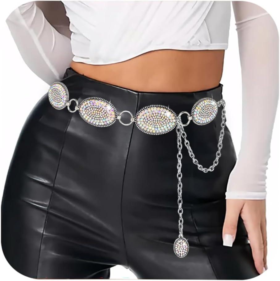 Bling Rhinestone Concho Belt Heavy Metal Western Crystal Chain Belt Cowgirl Sparkly Waist Chain for Women Dress (Full-wrap Low Waist 3234", Silver-colored Crystals)