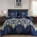 Mybedsoul Blue Gold Queen Comforter Set, 7 Pieces Boho Bed in a Bag for Queen Bed, Damask Comforter with Sheets Pillowcases, Soft Microfiber Lightweight Bedding Sets for All Season(90"x90")