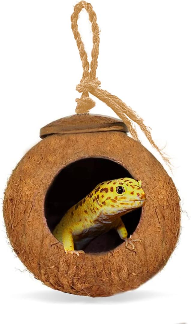 SunGrow Leopard Gecko Coco Hut, Gecko Climbing Accessories, Raw Coconut Shell Reptile Hide, Terrarium Habitat Dcor, 2.5 Opening Diameter, with Fiber Loop for Hanging (1-Hole)
