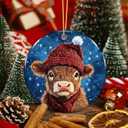 3 x Highland Cow Christmas Ornament 2025  Cute Farm Animal Ceramic Ornament with Red Hat & Scarf, Rustic Farmhouse Country Christmas Tree Decoration, Cow Lover Gift, Holiday Keepsake Ornament