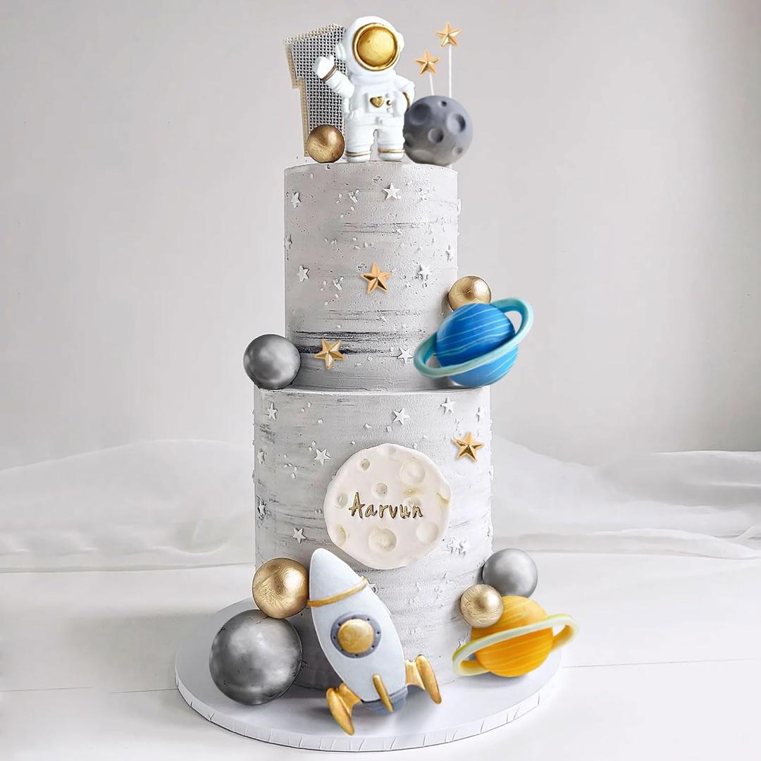 Space Cake Toppers Outer Space Cake Decorations,Astronaut Rocket Stars Cake Decorations for Two The Moon First Trip Around the Sun Birthday Baby Shower