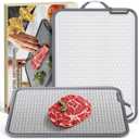 Large Stainless Steel Cutting Board, 16 Inch Double Sided Chopping Board for Kitchen, Non Toxic, Scratch-resistant Mesh Design, Juice Groove, Dishwasher Safe, 304 Stainless Steel and Wheat Straw PP