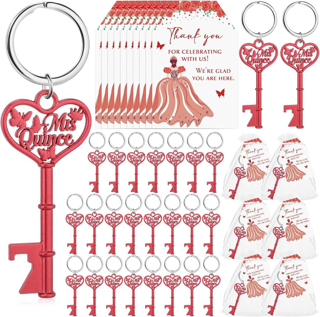 50 Sets Quinceanera Party Favors for Guests Butterfly Bottle Opener Keychain Thank You Tag Organza Bag Sweet 15 Years Quinceanera Gifts for Mis Quince Birthday Party Supplies (Red)