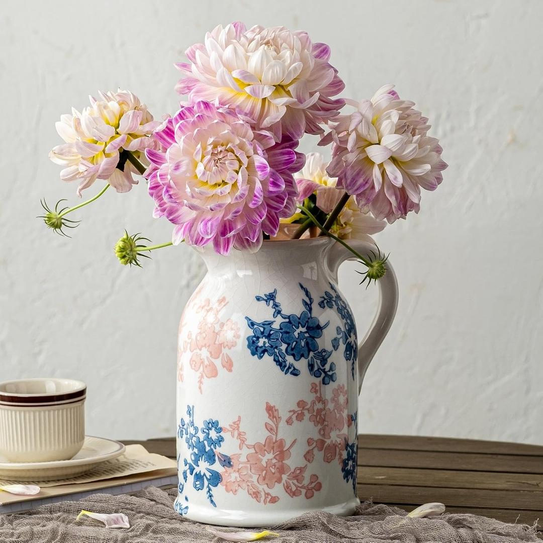 Pink Blue and White Pitcher Vase, 8 Inch Vintage Chinoiserie Ceramic Flower Vase, Rustic Retro Ice Cracked Antique Porcelain Vases for Home Farmhouse Table Centerpieces Shelf Decor