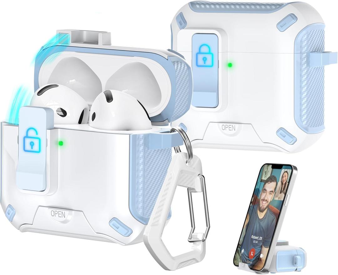 R-fun Compatible with AirPods 4th Generation 2024 Headphone Cases, Fully Drop Proof Auto Eject Protective Cover Design, New Charging Port Dust and Stand Design,Blue+White