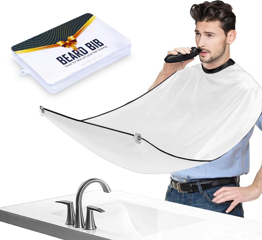 Beard Bib Apron, Beard Trimming Catcher for Men Shaving Hair Clippings Non-Stick Waterproof Grooming Cloth (White)