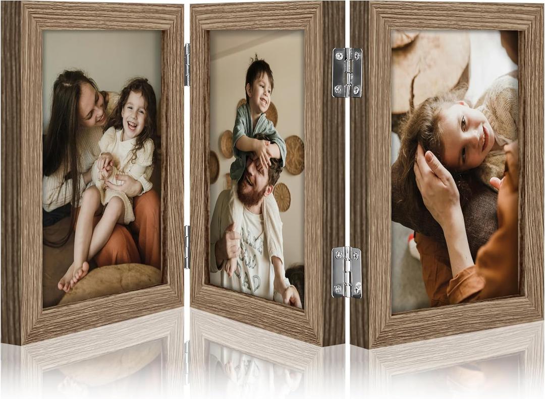 decorUhome Triple 4x6 Picture Frame Vertical, Engineered Wood Trifold Photo Frame with Plexiglass for Tabletop Display, 4x6, Oak
