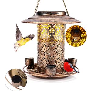 Solar Bird Feeders for Outdoors Hanging Bring Three Water Cups - Premium Grade Metal Wild Bird Feeders, Chew-Proof, Weather and Water Resistant Bird feeders, Outside and Garden Decoration (Bronze)