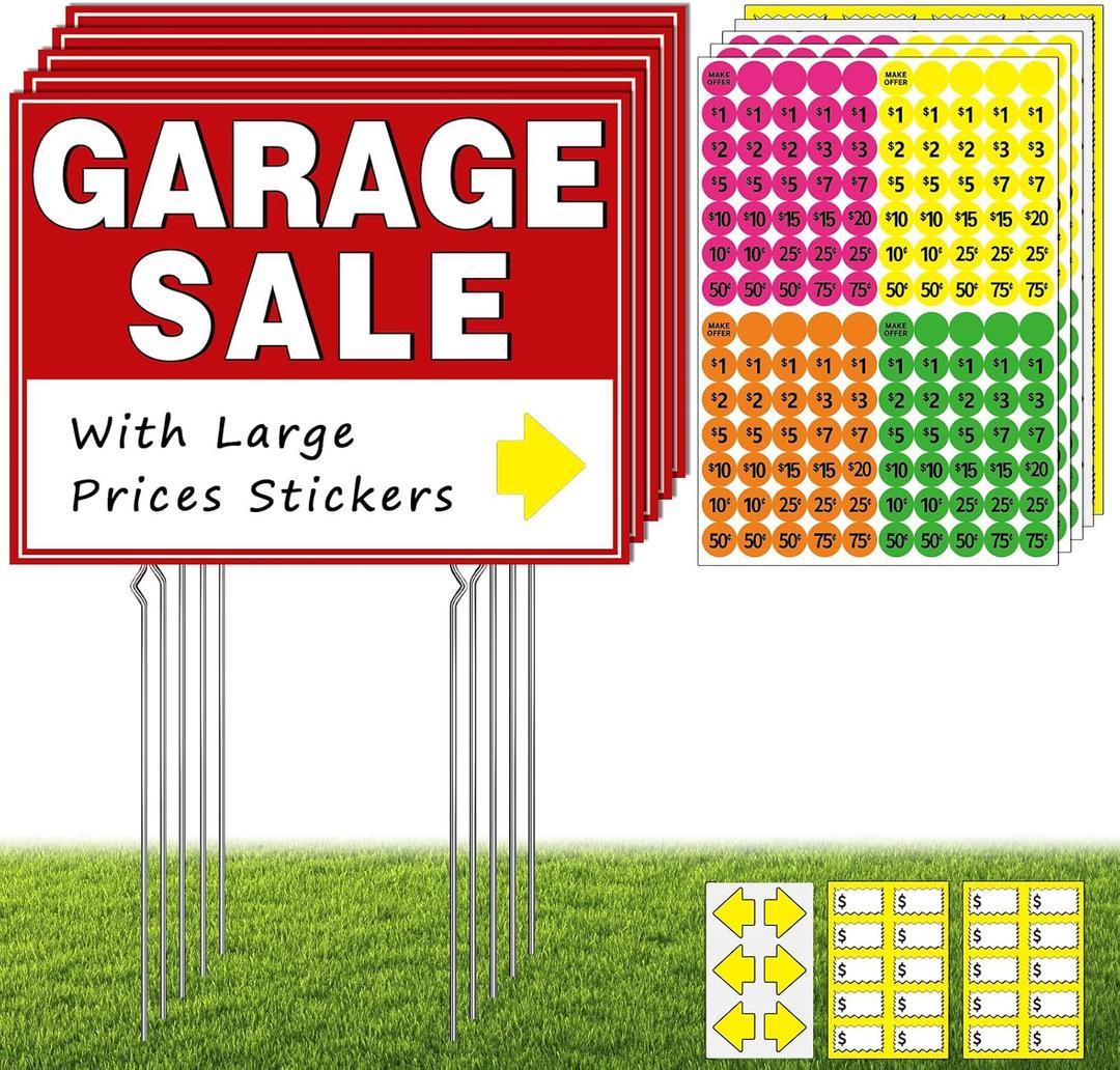 Garage Sale Kit (10 Pcs), 5 Pack Garage Sale Signs with Metal Stakes, 5 Pack Yard Sales Price Stickers, Directional Arrows Sign, Yard Sales Supplies, Double Sided, Weatherproof, Large Price Tags
