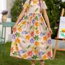 RONGTAI Girls 3D Dress for Girls Printed Short Sleeves Casual Summer Dresses with Pockets for 4-15Y Kids Outfits (6-7 Years, Flower-01)