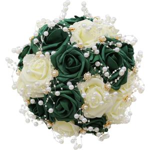 Round Green Ivory Artificial PE Rose Bouquet with Pearl and Rhinestone for Bridal Toss and Bridesmaids Suit for Wedding Party