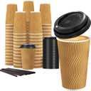 Lamosi 16 oz Disposable Coffee Cups with Lids, 50 Pack Insulated Hot Cups To Go Paper Coffee Cups with Lids and Straws, Corrugated Ripple Wall Cup for Hot Drink, Office, Coffee Bar (Champagne)