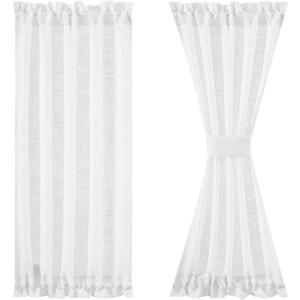 FMFUNCTEX Sheer Linen French Door Curtains - White, 72 Inches Long, Linen Textured Front, Solid Privacy, Sliding Door Curtain Set With Tiebacks, 50 Inches Wide, 1 Panel