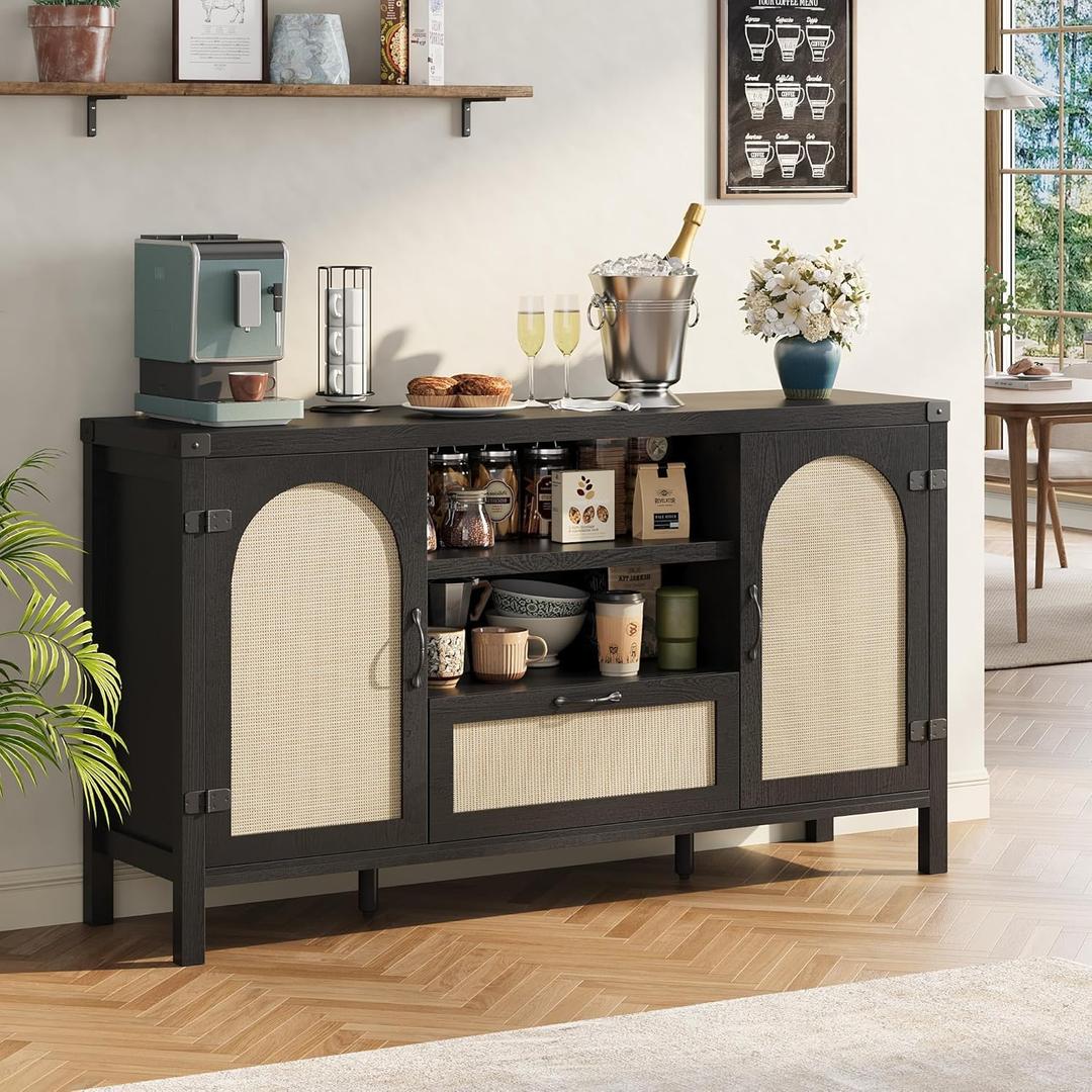 IDEALHOUSE 47.2" Buffet Cabinet with Storage, Farmhouse Kitchen Sideboard with Drawer, Rattan Coffee Bar Cabinet for Living Room, Kitchen, Entryway, Black