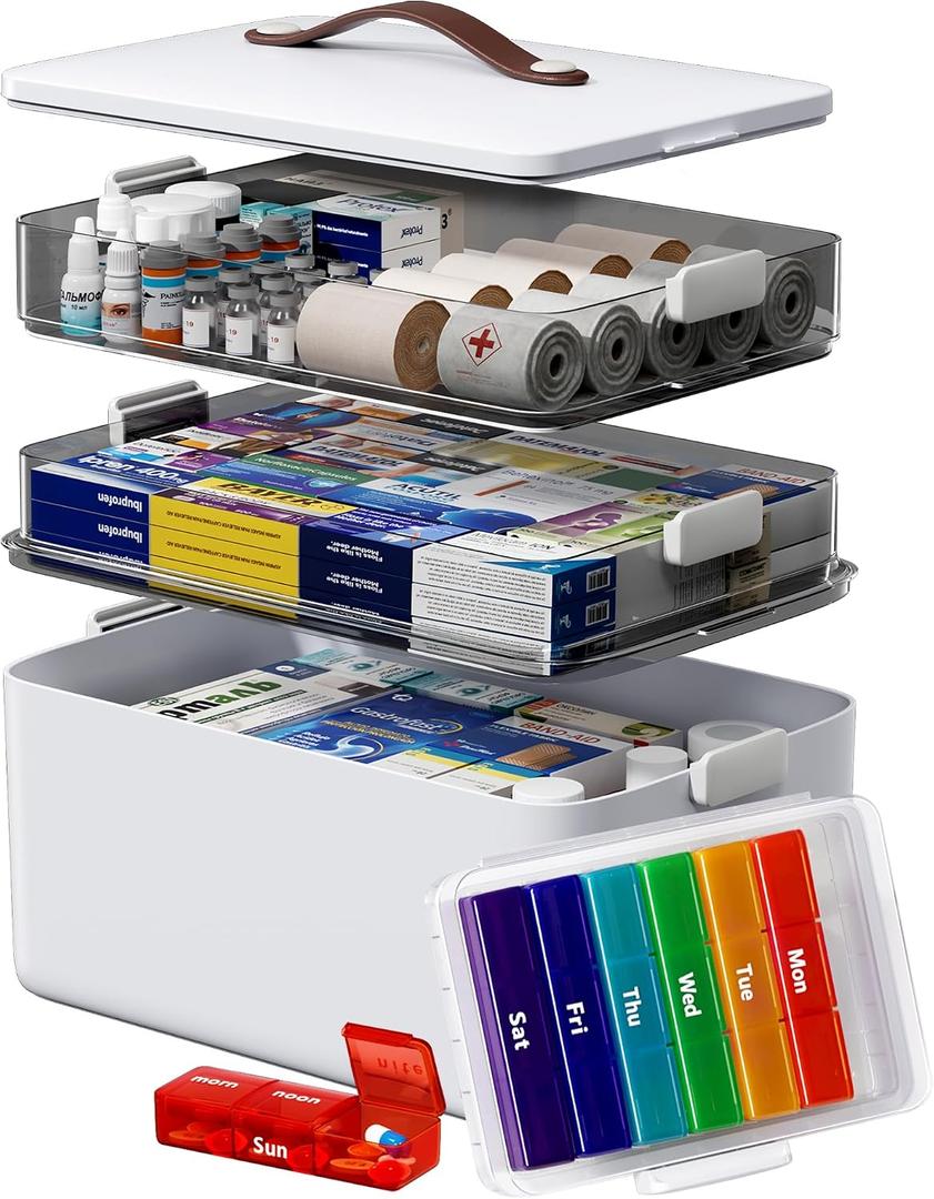 Medicine Storage Organizer, 3-Tier Medicine Box with 7-Day Pill Case, Clear Trays and Carry Handle, Empty First Aid Storage Case for Pills and Bottles