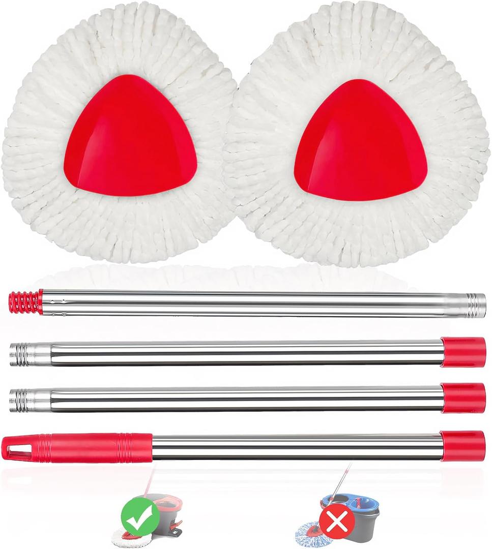 2 Pack Spin Mop Replacements Head Compatible for O ceda EasyWring 1 Tank System, Microfiber Mops Refills Hardwood Floor Cleaning, Base and 30-58in Handle Set Combo