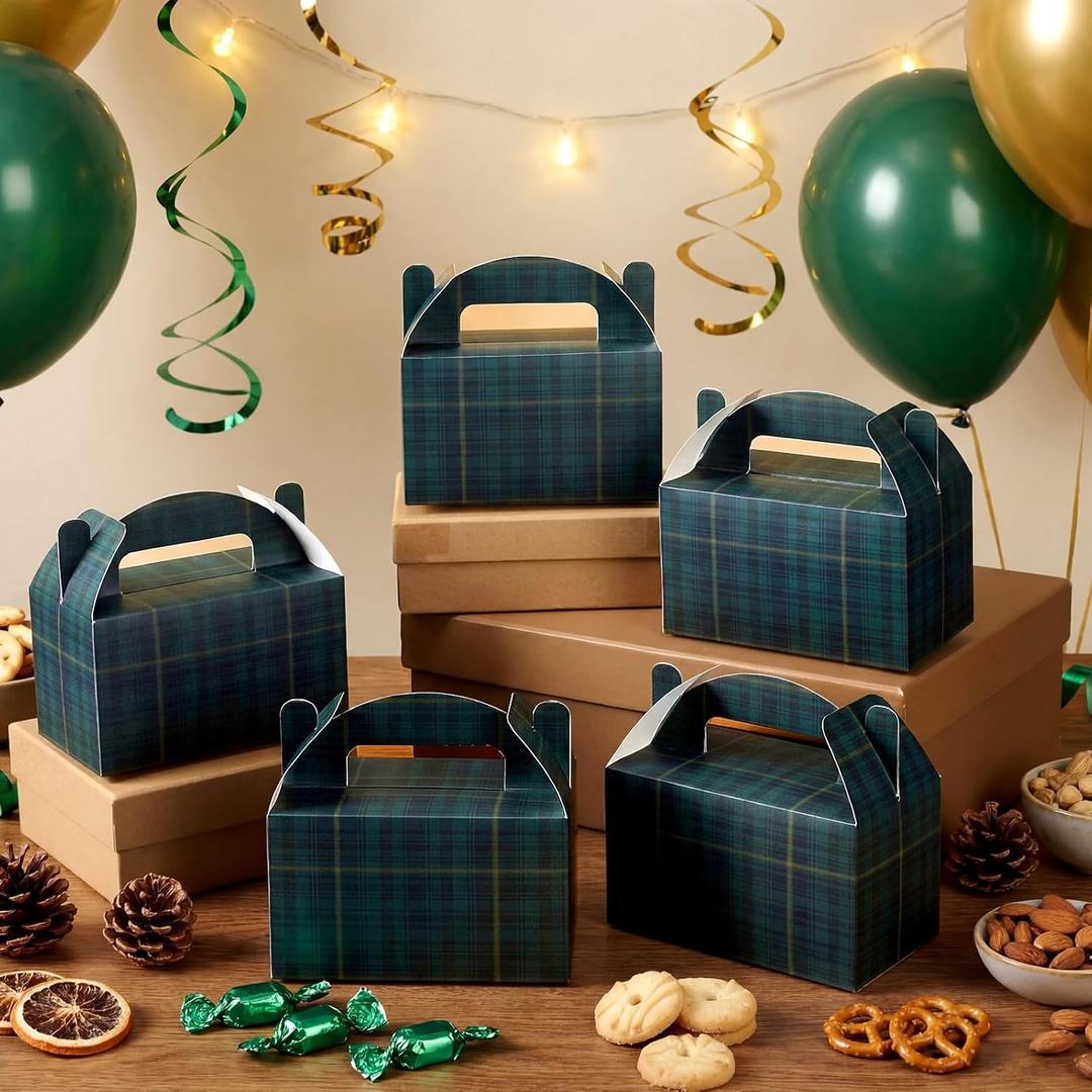 Gueevin 24 Pcs Green Blue Tartan Plaid Gift Boxes 6x3.5x3.5 Inch Vintage Green Plaid Boxes Classic Tartan Babyshower Decor for Birthday Baby Shower Party Decorations Supplies