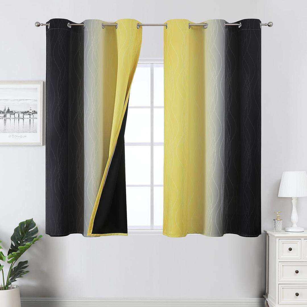 Estelar Textiler Yellow and Black Ombre Blackout Curtains 54 Inch Length, Full Room Darkening Gradient Drapes for Kitchen, Thermal Insulated Grommet Curtains for Short Window, 42Wx54L,2 Panels