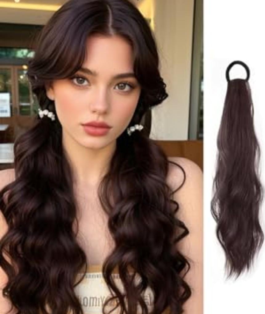 1PCS Curly Ponytail Extension with Elastic Tie 17 Inch Resistant Synthetic Natural Wavy Hairpiece Pony Tail Hair Extensions Wave Fake Ponytail Hairpieces for Women Daily Wear（Brown）