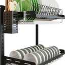 junyuan Kitchen Dish Rack,Hanging Dish Drying Rack Organizer Storage Shelf Over Sink,2 Tier Wall Mount Bowl Holder with Drain Tray and Silverware Stainless Steel Black Coating Ajustable Height