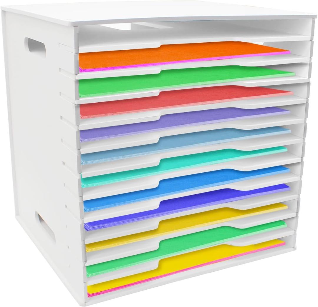 Timisea12 Tier Scrapbook Paper Organizer,White Cardstock A4 Paper Sorter Storage Rack,Scrapbook Organizer for Sizes 13" X 13" X 12.2" for Home Office & Classrooms,White Organizer Storage