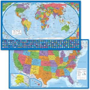 2 Pack - Laminated World Map Poster & USA Map Set - Equal Earth world map design shows continents at true relative size - US Map 18 x 29 (Blue)