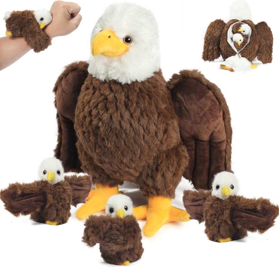 4 Pcs Bald Eagle Stuffed Animal Set 14 Inch Mommy Stuffed Eagle Plush Toy with 3 Babies, Zipper Bald Eagle Toy with Baby Eagles Plushies for Kids Boys Girls Birthday Christmas Birders Zoo Plush Gifts