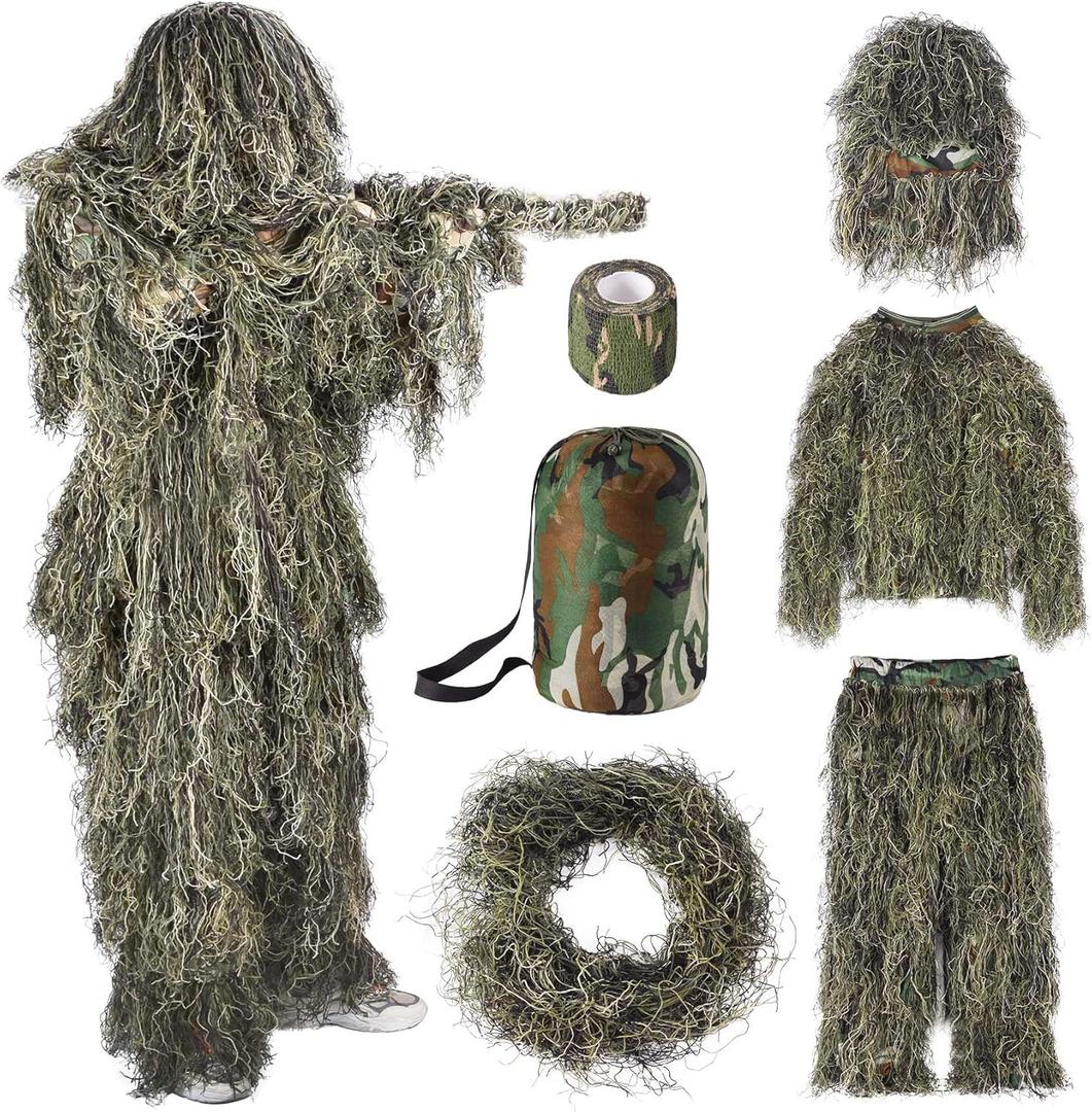 Ghillie Suit, 5 in 1 Ghillie Suit for Men Including Jacket, Pants, Hood, Carry Bag and Camo Tapes, Helloween Costumes (Medium/Large)