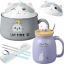 FoldTier Set of 2 Ceramic Cat Mug and Ramen Bowl with Lid 15.2 oz Microwave Cat Coffee Cup 34.5 oz Ramen Bowl with Lid Chopsticks Spoon for Christmas Birthday Gifts(Gray, Purple)