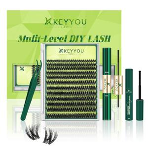 KEYYOU Lash Extension Kit 3D Effect Volume Lash Clusters Kit 144pcs D Curl Waterproof Kit DIY Eyelash Extension Kit with Bond and Seal Lashes Glue Remover Applicators (Kit-PuffSilk V3D01-8-18MIX)
