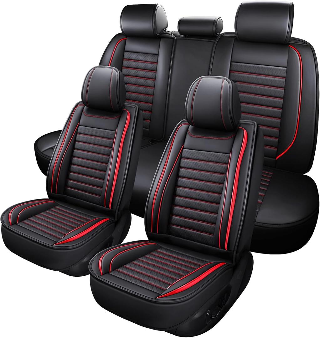 MINGBRON Leather Car Seat Covers Full Set, Universal Faux Leather Car Seat Covers 5 Seats, Automotive Seat Covers for Most Sedans SUVs Trucks, Front and Rear Seat Covers,Wine Red