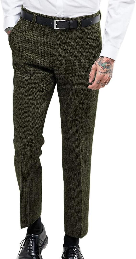 Ceehuteey Men's Retro Dress Suit Pants Thick Wool Flat Front Herringbone Tweed Trousers (32W x 32L, Army Green)