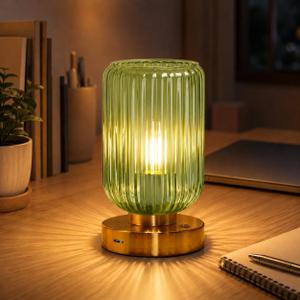 Cordless Table Lamp for Bedroom, 7500mAh Rechargeable Battery Operated Lamp, Modern Touch Dimmable Wireless Lamp Gold Base Green Glass Shade for Living Room, Desk, Led Bulb Included