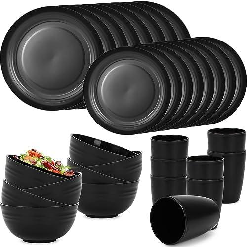 RVXHUA Reusable Plastic Dinnerware Sets, Unbreakable Wheat Straw Cups Plates and Bowls Set, Microwave and Dishwasher Safe Kitchen Dish Set for RV Camping Picnic Dorm (Black)