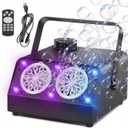 Bubble Machine with Remote Control and 6 Color LED Lights, 2 Hole Bubble Blower Dual Mode Output USB Powered Portable Metal Design for Outdoor Wedding Party Stage Lighting