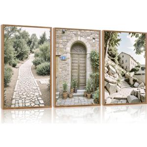 Aurlan Neutral Italy Countryside Landscape Framed Wall Art(16"x24"), 3PCS Vintage Mediterranean City Photography Gallery Canvas Artwork, Large Old Town Architecture Travel Decor Prints for Office Bedroom (16"x24",3 Pcs, Mediterranean Lansscape)