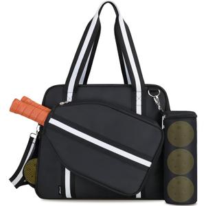 Pickleball Tote Bag for Women Men with Paddle Cover Pocket External Ball Bag and Adjustable Shoulder Strap Fence Hook (Black)