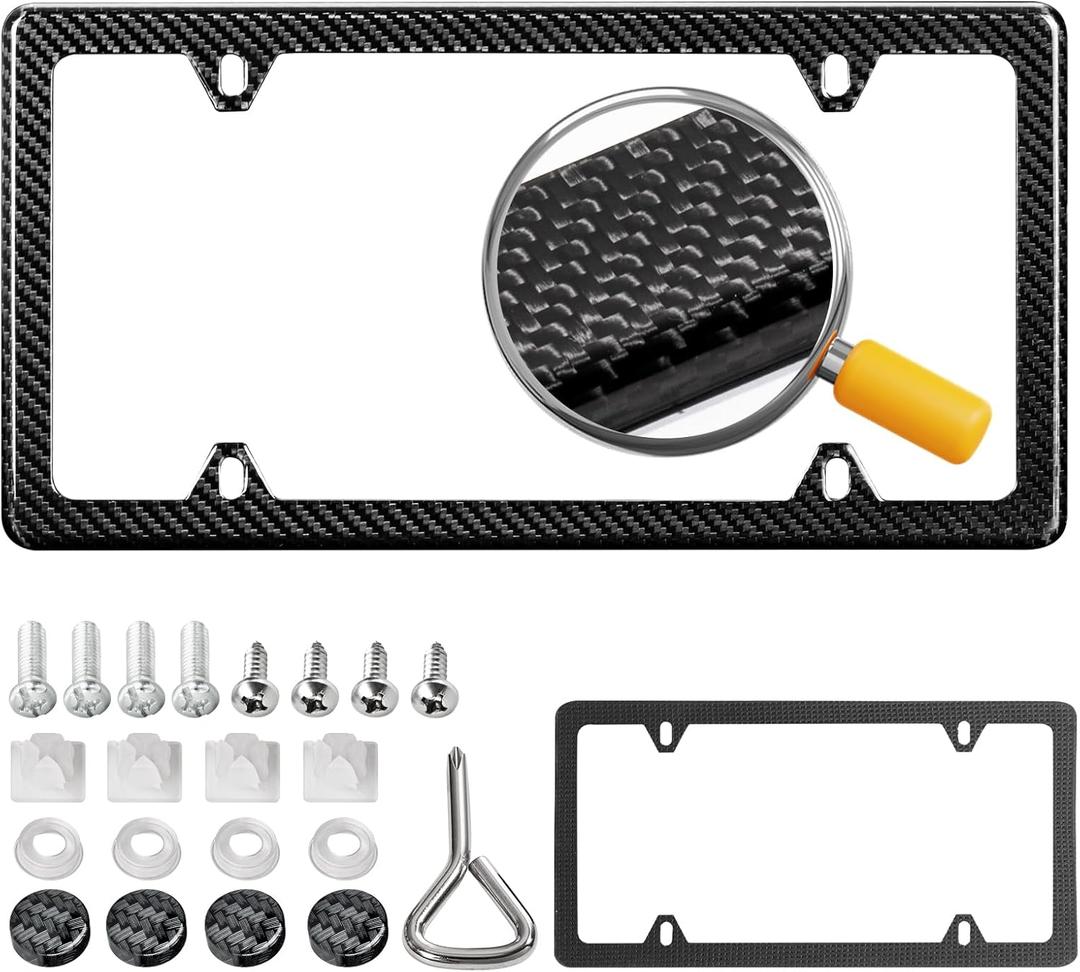 Real Carbon Fiber License Plate Frame, 100% Pure Carbon Fiber Frame, Black License Plate Holder Cover with Screw Caps, Anti-Vibration Pads (Twill 4 Hole)