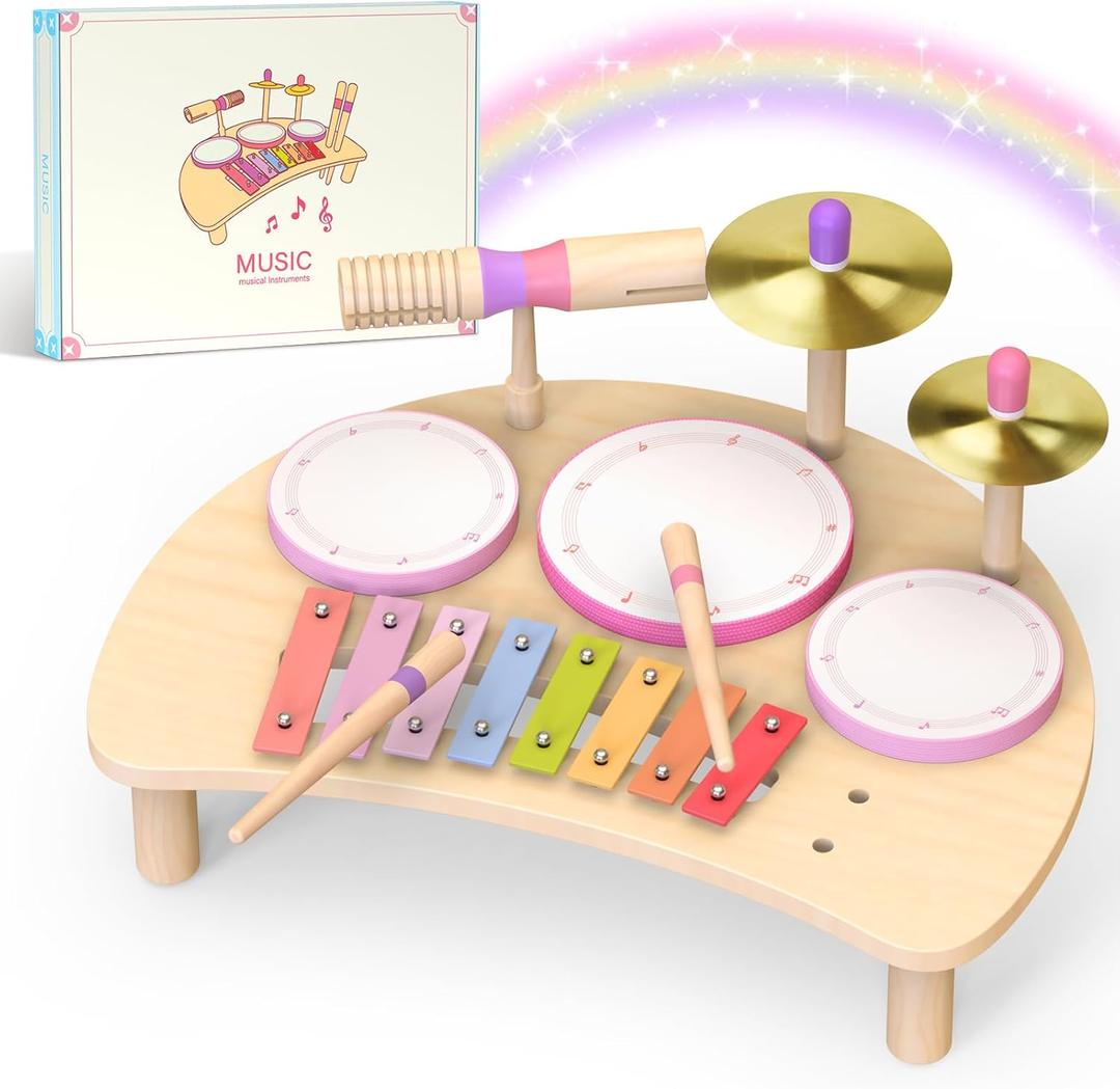 Toddlers Drum Set Toys for 1 2 3 Year Old Girls,Montessori Music Toy for Toddlers 1-3,Baby Drum with Xylophone,Musical Instruments Toy, Kids Birthday Gifts for Baby 18+ Months (Pink)