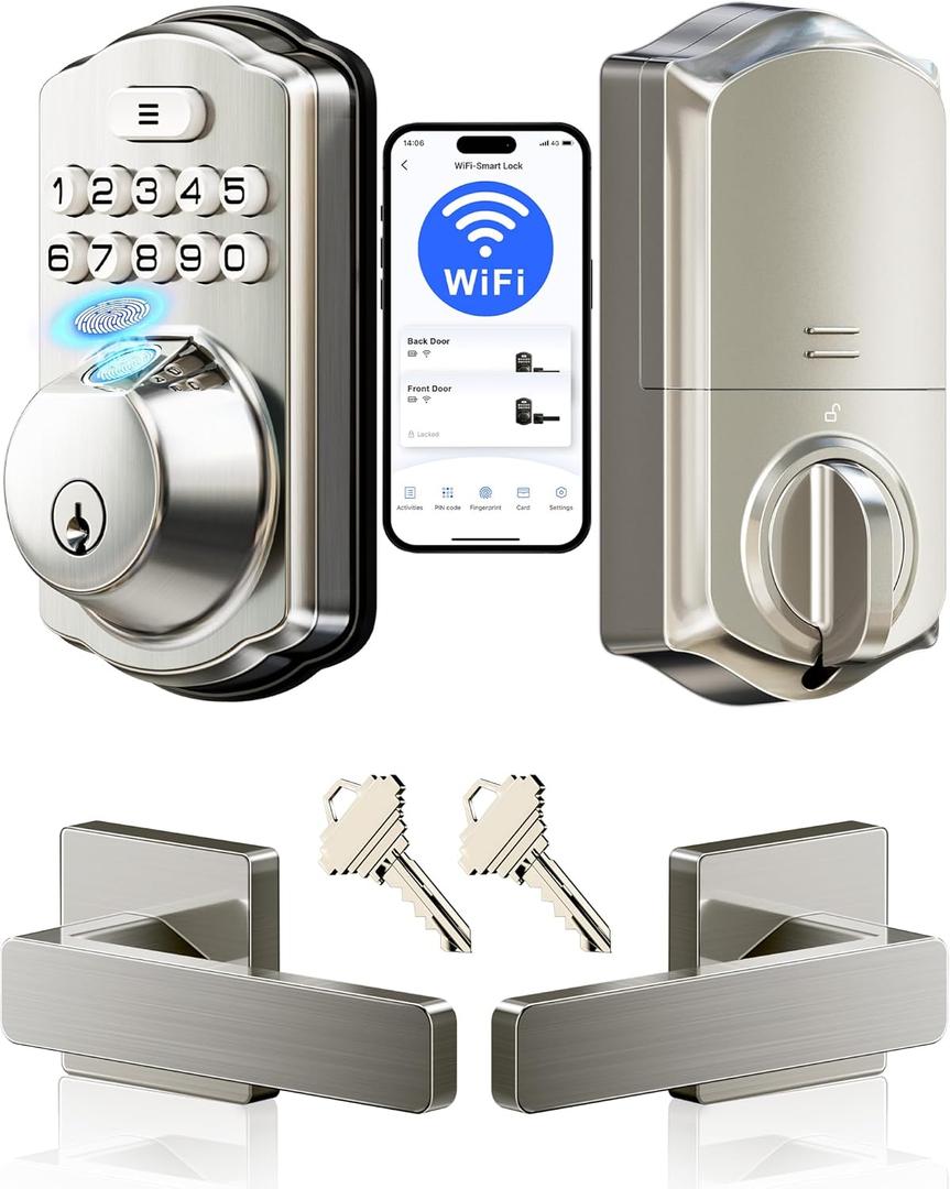 Veise VE012W-L Built-in WiFi Fingerprint Smart Lock with Lever Handle Set, App Remote Control, Keyless Entry for Front Door, Deadbolt Digital Backlit Keypad, Voice Assistant, Auto Lock, Satin Nickel