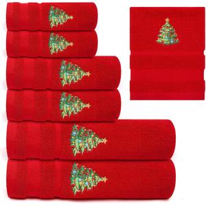 Peryiter 6 Pack Cotton Christmas Bath Towels Set Red Christmas Tree Towels Bathroom Set, Soft and Absorbent, Contains 2 Bath Cloth, 2 Hand Cloth and 2 Washcloths