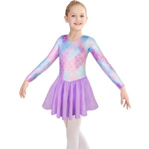 Girls Gymnastics Leotards with Skirt Ballet Tutu Dance Dress Toddler Kid Flutter Sleeve Mermaid Gymnastic Dancewear 2-11Y (4-5T, Purple)