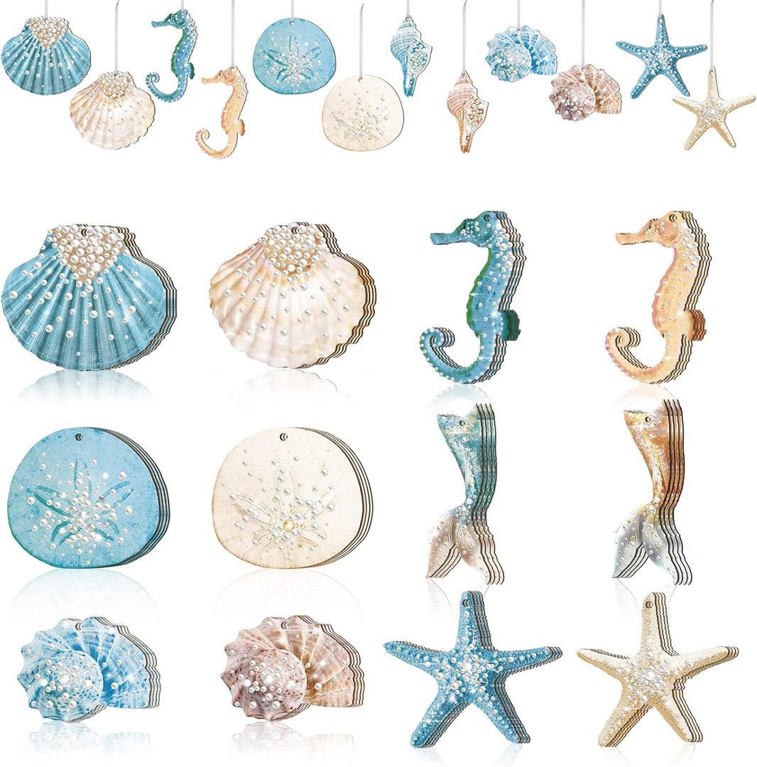 48 Pcs Summer Ocean Themed Decor Seashell Seahorse Hanging Ornaments Nautical Sea Animal Decor Tree Ornaments with Ropes Coastal Christmas Tree Ornaments for Home Weeding Birthday Party Decorations
