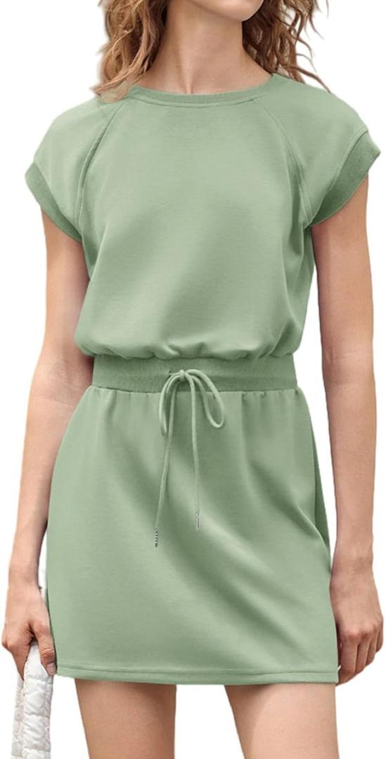 Fisoew Womens Summer Athletic Dress Drawstring Cap Sleeve Crewneck Casual Active Tennis Dresses (M)