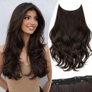 Layered Halo Hair Extensions with Invisible Wire Dark Brown Hair Extensions with 6 Secure Clips 20 Inches Long Wavy Layered Synthetic Hair Extensions for Women Daily and Party Use (6#)