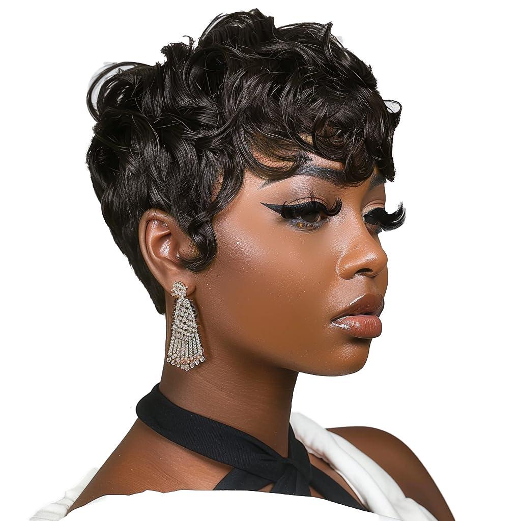 Short Curly Brown Wig for Black Women Short Pixie Hair Natural Looking Synthetic Layered Wigs for Black Women Pixie Cut Wigs for Women Heat Resistant Fiber Wig for Daily Party Use (Dark Brown)